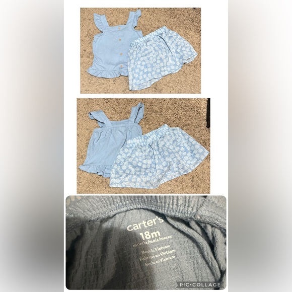 Carter's Light Blue Ruffle Top and Flower Skirt w/ Shorts 18m Girl - Picture 1 of 1